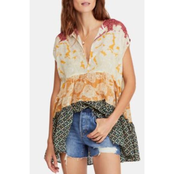 Free People Gotta Have You Cotton Mixed-Print Keyhole Top Size Small - Picture 2 of 10